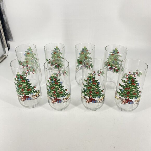 Set of 8 VTG Luminarc NOEL Christmas Tree 16 oz Tumblers Drinking Glasses 6" - Picture 1 of 7